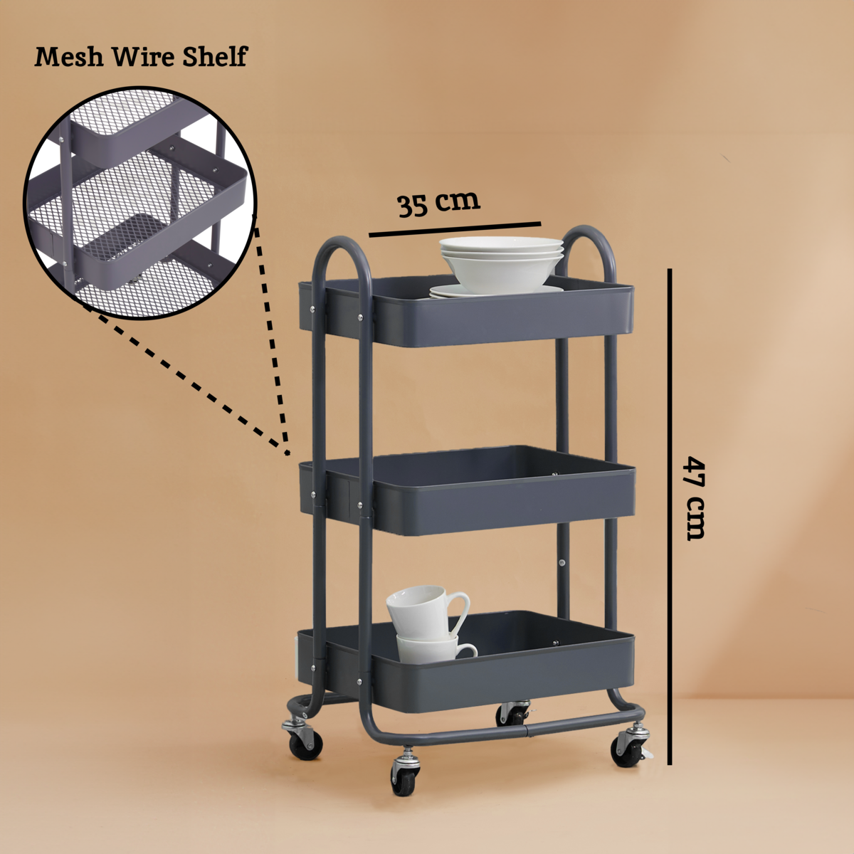 Orsina Acero 3-Tier Metal Utility Trolley – Grey Rolling Storage Cart