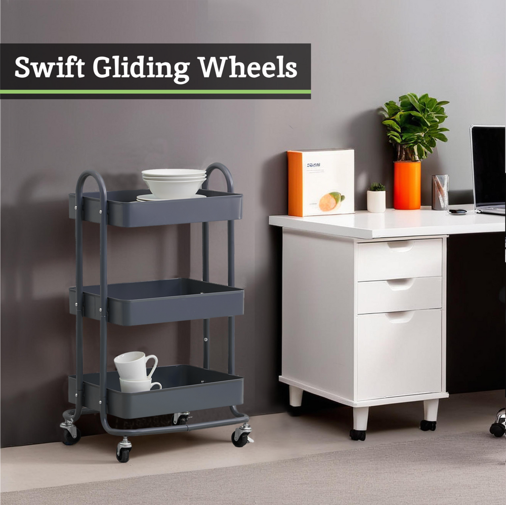 Orsina Acero 3-Tier Metal Utility Trolley – Grey Rolling Storage Cart