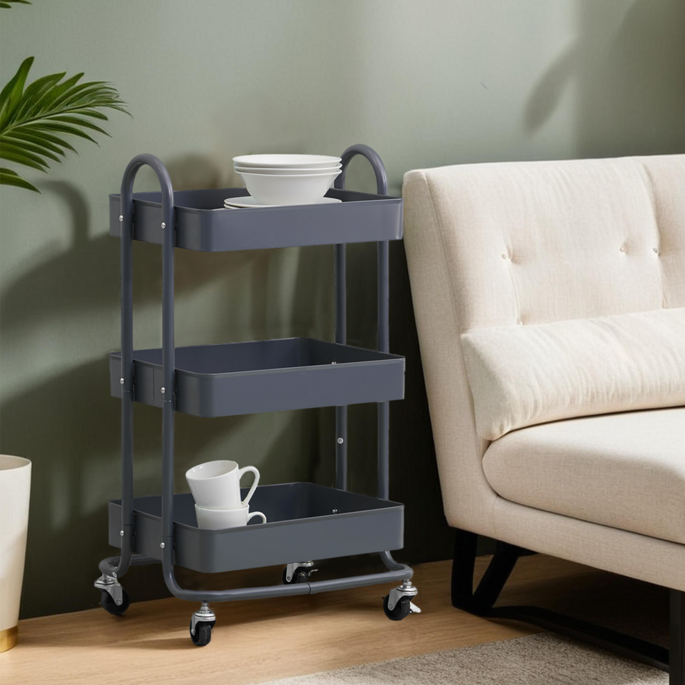 Orsina Acero 3-Tier Metal Utility Trolley – Grey Rolling Storage Cart