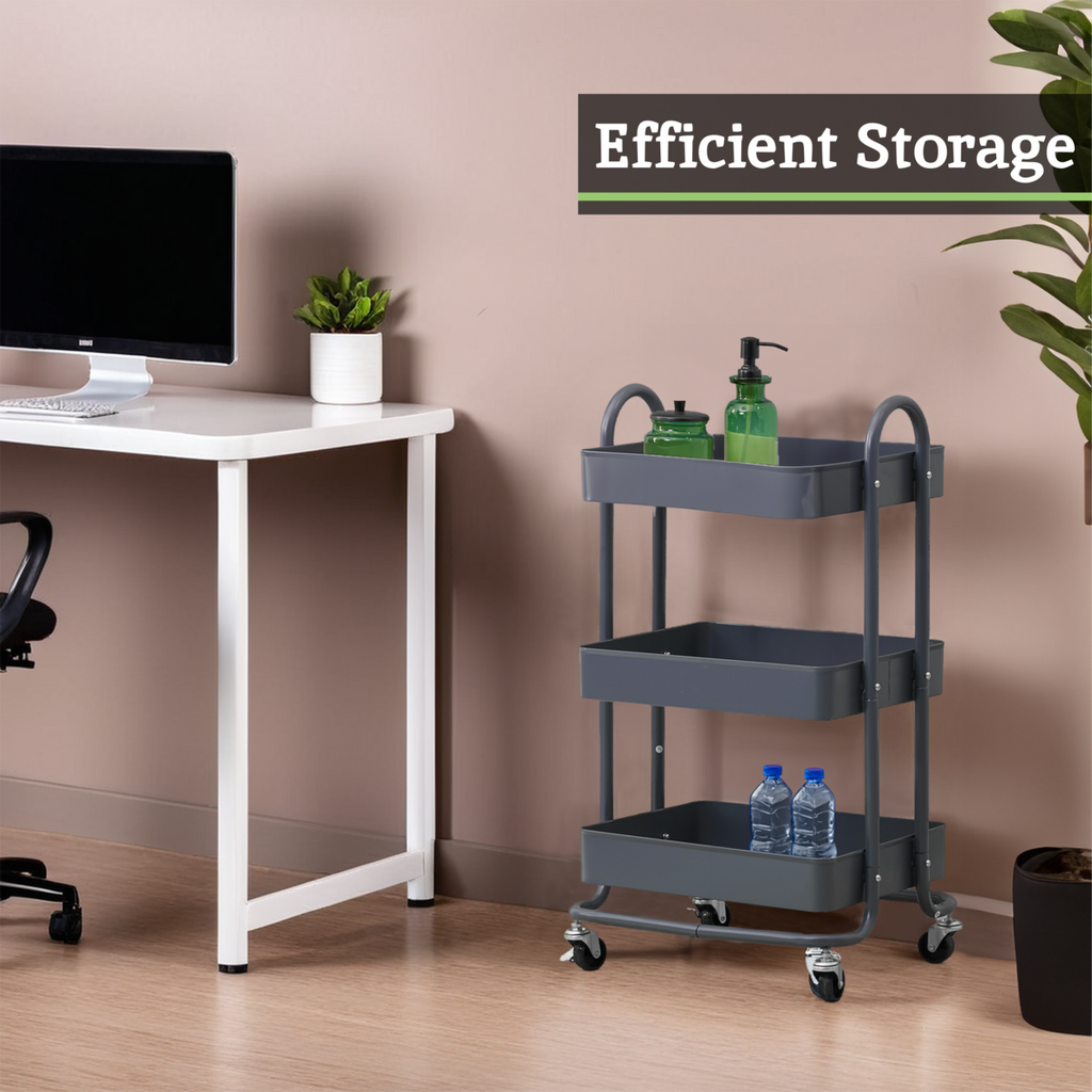 Orsina Acero 3-Tier Metal Utility Trolley – Grey Rolling Storage Cart