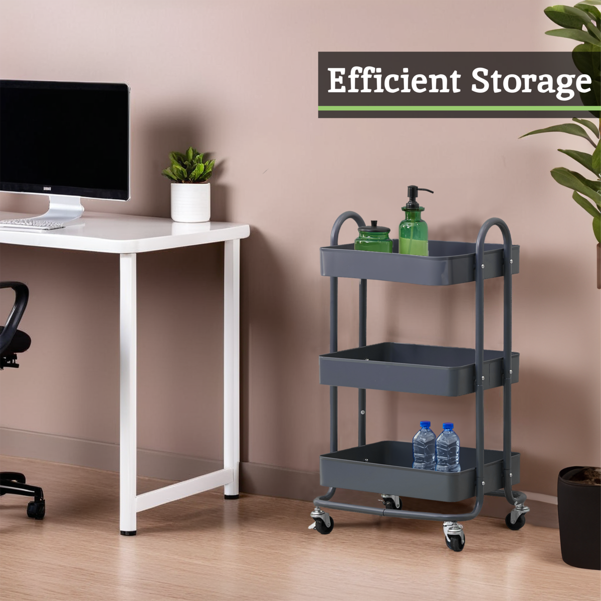 Orsina Acero 3-Tier Metal Utility Trolley – Grey Rolling Storage Cart