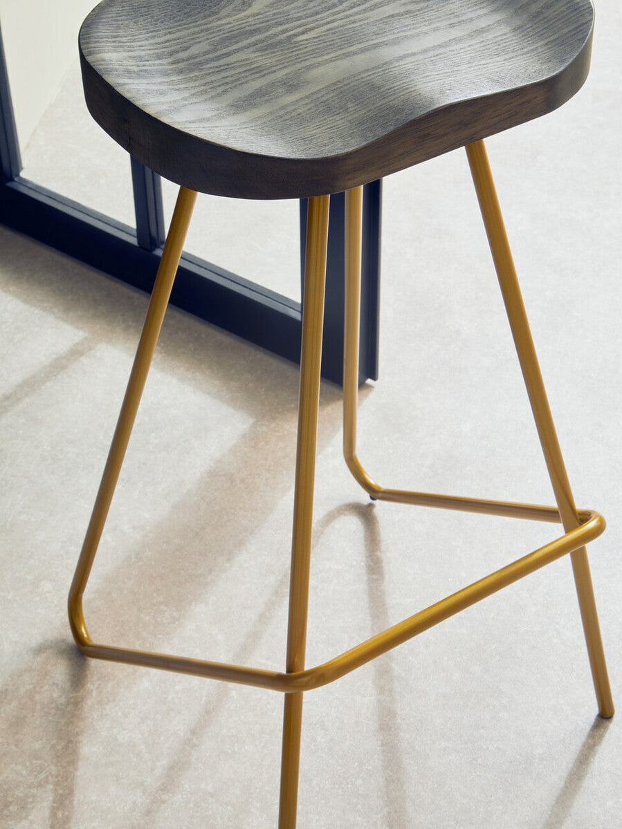 Orsina District Elm Wood Bar Stool | Gold Metal Legs Counter Seating