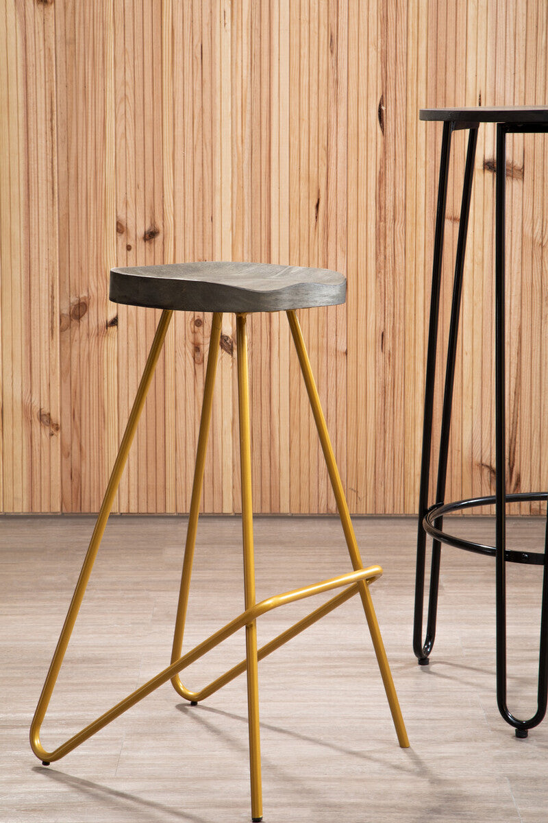 Orsina District Elm Wood Bar Stool | Gold Metal Legs Counter Seating