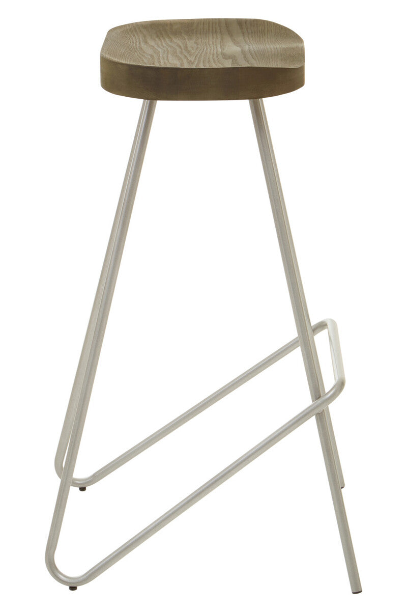 Orsina District Silver Metal Bar Stool with Sculpted Wooden Seat