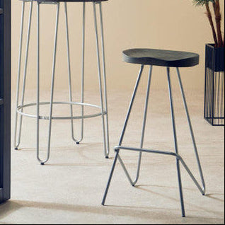 Orsina District Silver Metal Bar Stool with Sculpted Wooden Seat