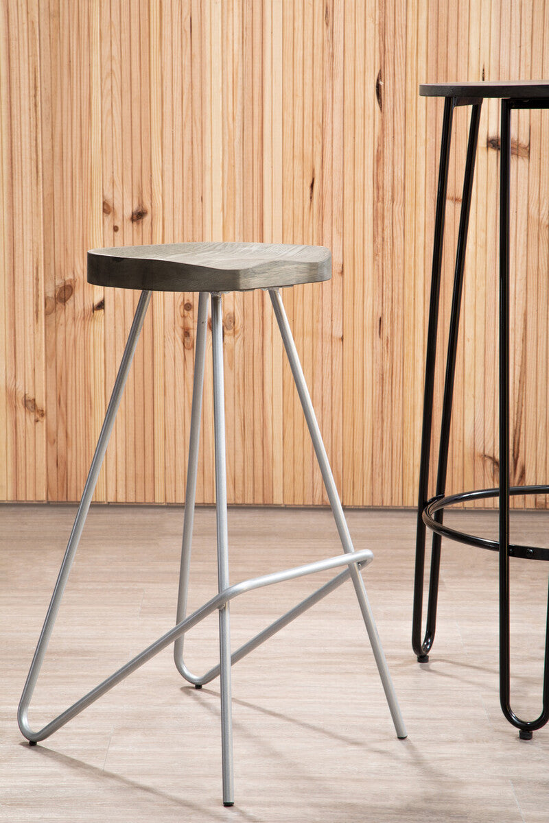 Orsina District Silver Metal Bar Stool with Sculpted Wooden Seat