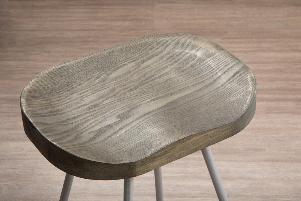 Orsina District Silver Metal Bar Stool with Sculpted Wooden Seat