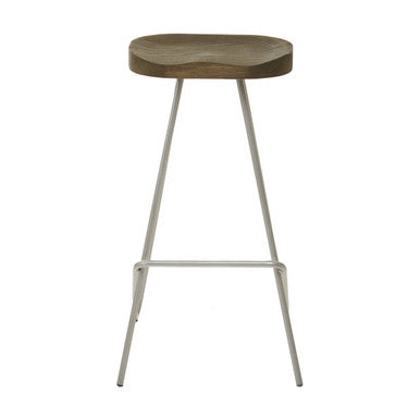 Orsina District Silver Metal Bar Stool with Sculpted Wooden Seat