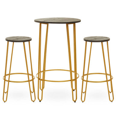 Orsina District 3 Piece Gold Bar Table and Stool Set | Wood Top