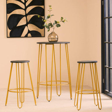 Orsina District 3 Piece Gold Bar Table and Stool Set | Wood Top