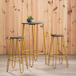 Orsina District 3 Piece Gold Bar Table and Stool Set | Wood Top
