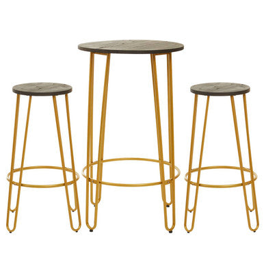 Orsina District 3 Piece Gold Bar Table and Stool Set | Wood Top