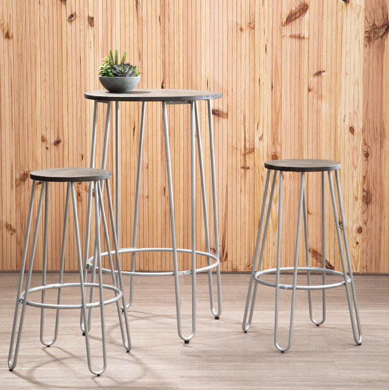 Orsina District 3 Piece Bar Table Set | Silver Frame & Elm Wood