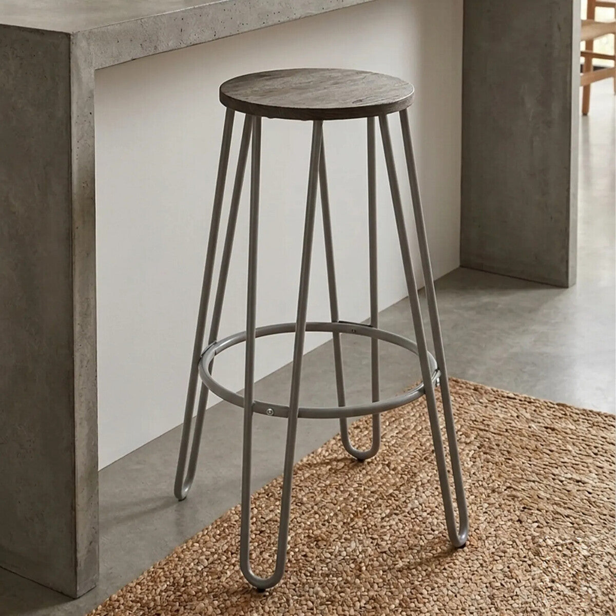 Orsina District Bar Stool – Grey Metal Frame with Elm Wood Seat