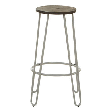 Orsina District Bar Stool – Grey Metal Frame with Elm Wood Seat