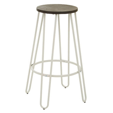 Orsina District Bar Stool – White Metal Frame with Elm Wood Seat