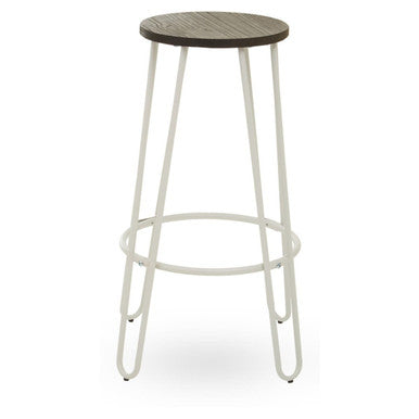 Orsina District Bar Stool – White Metal Frame with Elm Wood Seat