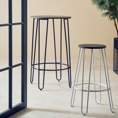 Orsina District Bar Stool – White Metal Frame with Elm Wood Seat
