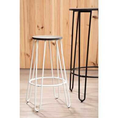 Orsina District Bar Stool – White Metal Frame with Elm Wood Seat