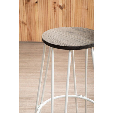 Orsina District Bar Stool – White Metal Frame with Elm Wood Seat