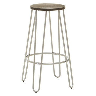 Orsina District Barstool – Elm Wood Seat with Silver Metal Legs