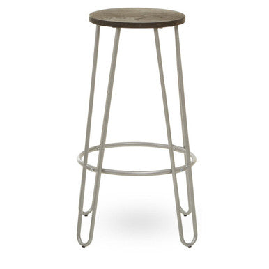 Orsina District Barstool – Elm Wood Seat with Silver Metal Legs