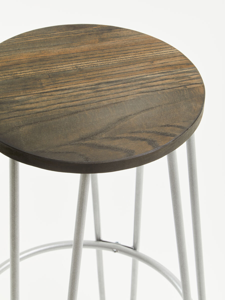 Orsina District Barstool – Elm Wood Seat with Silver Metal Legs