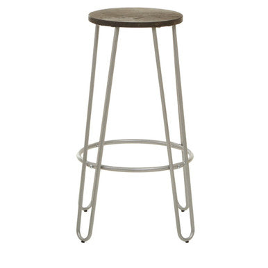 Orsina District Barstool – Elm Wood Seat with Silver Metal Legs