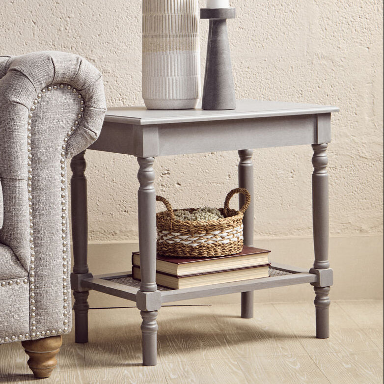 Orsina Slate Grey Wooden Side Table with Cane Webbing and Shelf