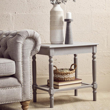 Orsina Slate Grey Wooden Side Table with Cane Webbing and Shelf