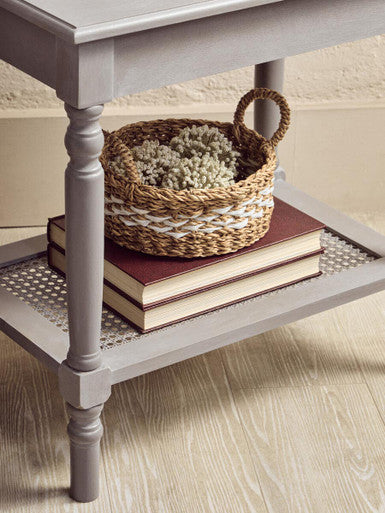 Orsina Slate Grey Wooden Side Table with Cane Webbing and Shelf
