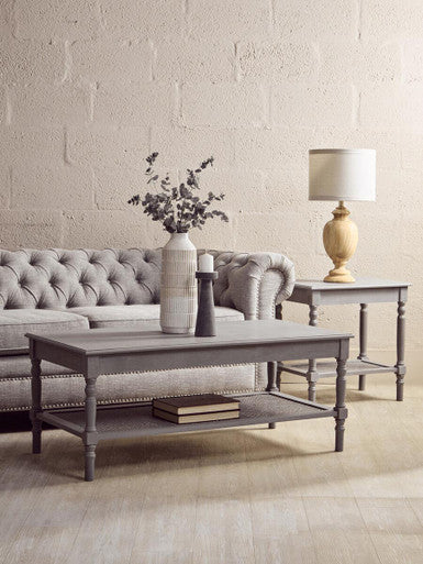 Orsina Slate Grey Wooden Side Table with Cane Webbing and Shelf