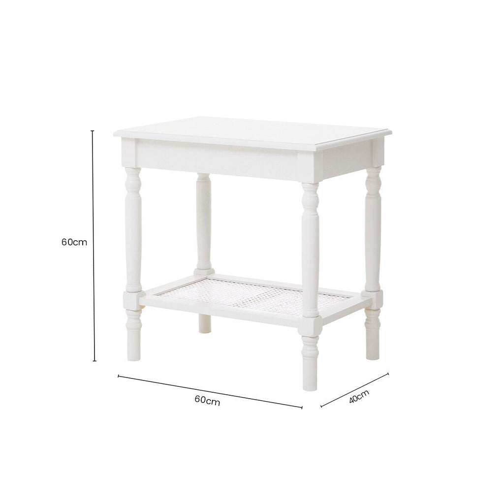 Orsina Heritage White Side Table – 2-Tier Wooden End Table with Rattan