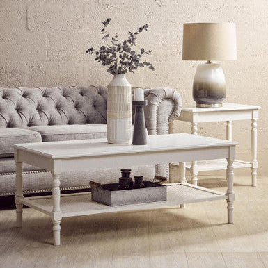 Orsina Heritage White Side Table – 2-Tier Wooden End Table with Rattan