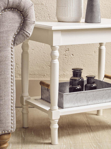 Orsina Heritage White Side Table – 2-Tier Wooden End Table with Rattan