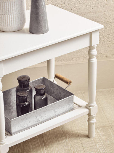 Orsina Heritage White Side Table – 2-Tier Wooden End Table with Rattan