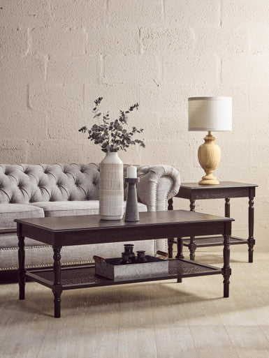 Orsina Black Side Table – Wooden Accent Table with Cane Webbing