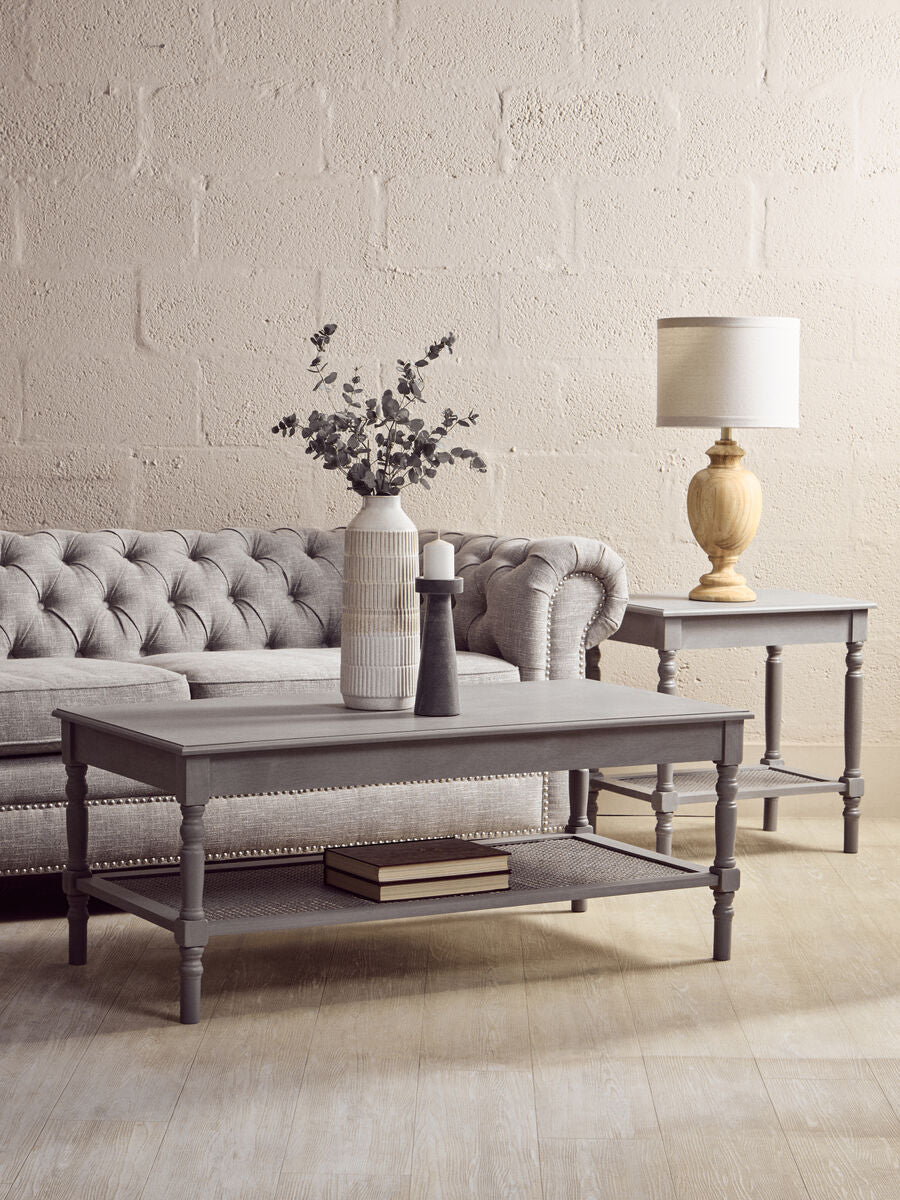 Orsina Heritage Slate Grey Coffee Table with Cane Shelf & Spindle Legs