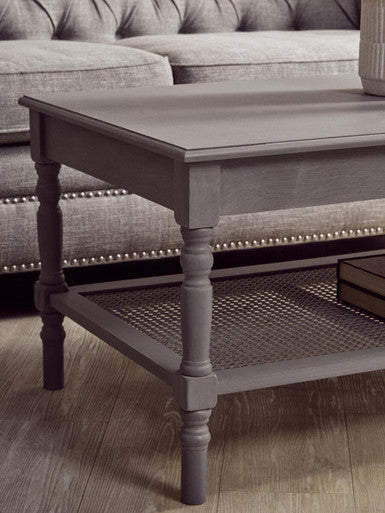 Orsina Heritage Slate Grey Coffee Table with Cane Shelf & Spindle Legs