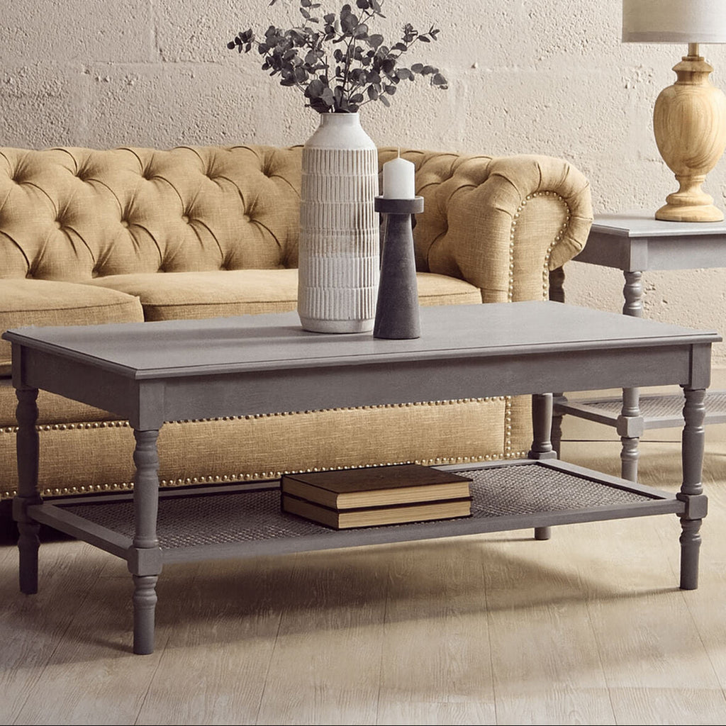 Orsina Heritage Slate Grey Coffee Table with Cane Shelf & Spindle Legs