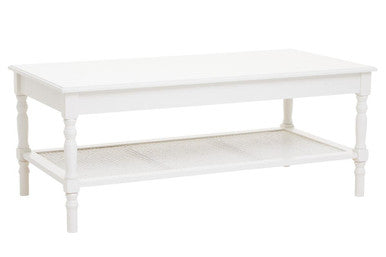 Orsina Heritage White Wooden Coffee Table with Cane Shelf & Spindle Legs