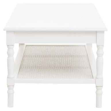 Orsina Heritage White Wooden Coffee Table with Cane Shelf & Spindle Legs