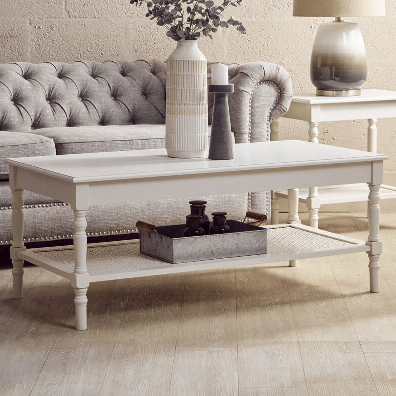 Orsina Heritage White Wooden Coffee Table with Cane Shelf & Spindle Legs