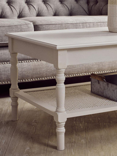Orsina Heritage White Wooden Coffee Table with Cane Shelf & Spindle Legs