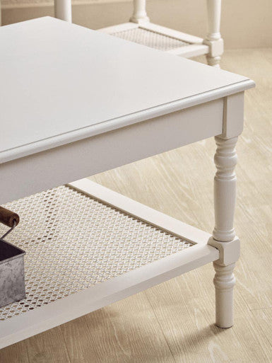 Orsina Heritage White Wooden Coffee Table with Cane Shelf & Spindle Legs