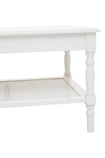 Orsina Heritage White Wooden Coffee Table with Cane Shelf & Spindle Legs