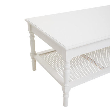 Orsina Heritage White Wooden Coffee Table with Cane Shelf & Spindle Legs