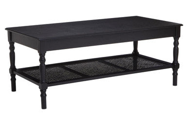 Orsina Heritage Black Wooden Coffee Table with Cane Shelf & Spindle Legs