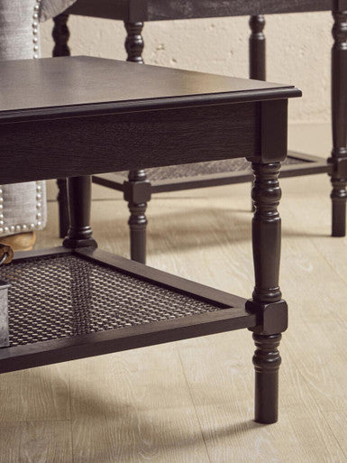 Orsina Heritage Black Wooden Coffee Table with Cane Shelf & Spindle Legs