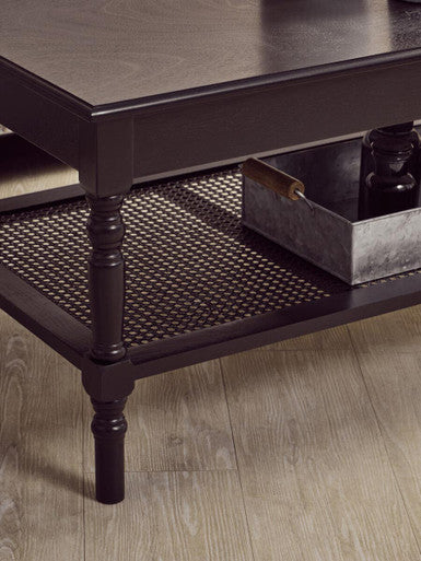 Orsina Heritage Black Wooden Coffee Table with Cane Shelf & Spindle Legs